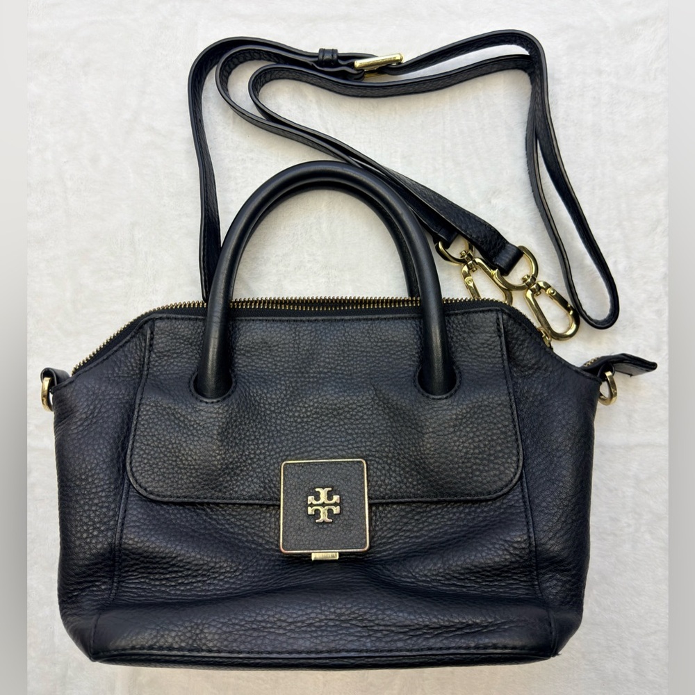 Tory Burch Small Clara Satchel Black Pebbled Leather Handbag Crossbody Bag